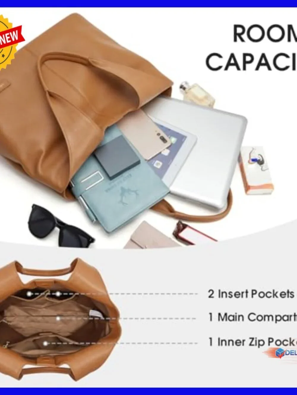 Large Leather Tote Bag with Laptop Compartment, Zipper Closure Hobo